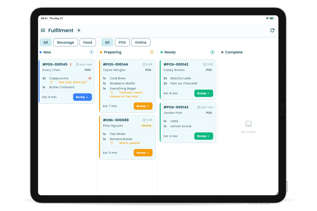 Order fulfilment kanban in the Oliver POS iPad app