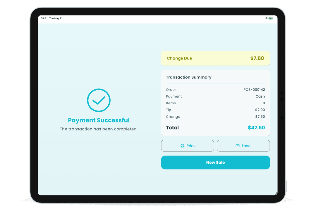 Order completion screen in the Oliver POS iPad app