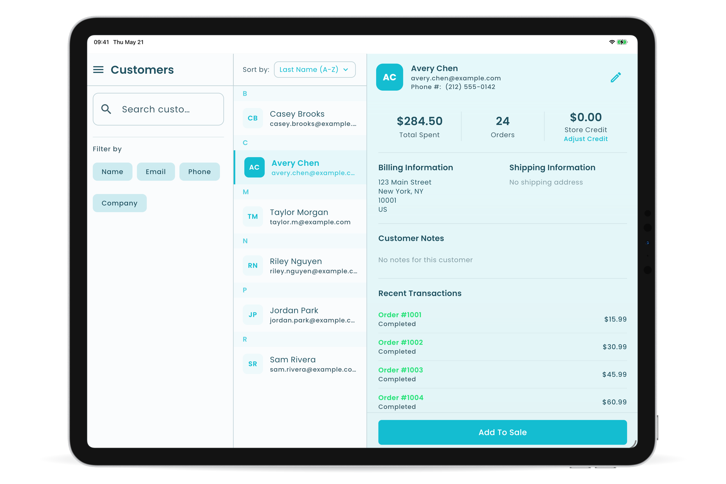 Customer record in the Oliver POS iPad app