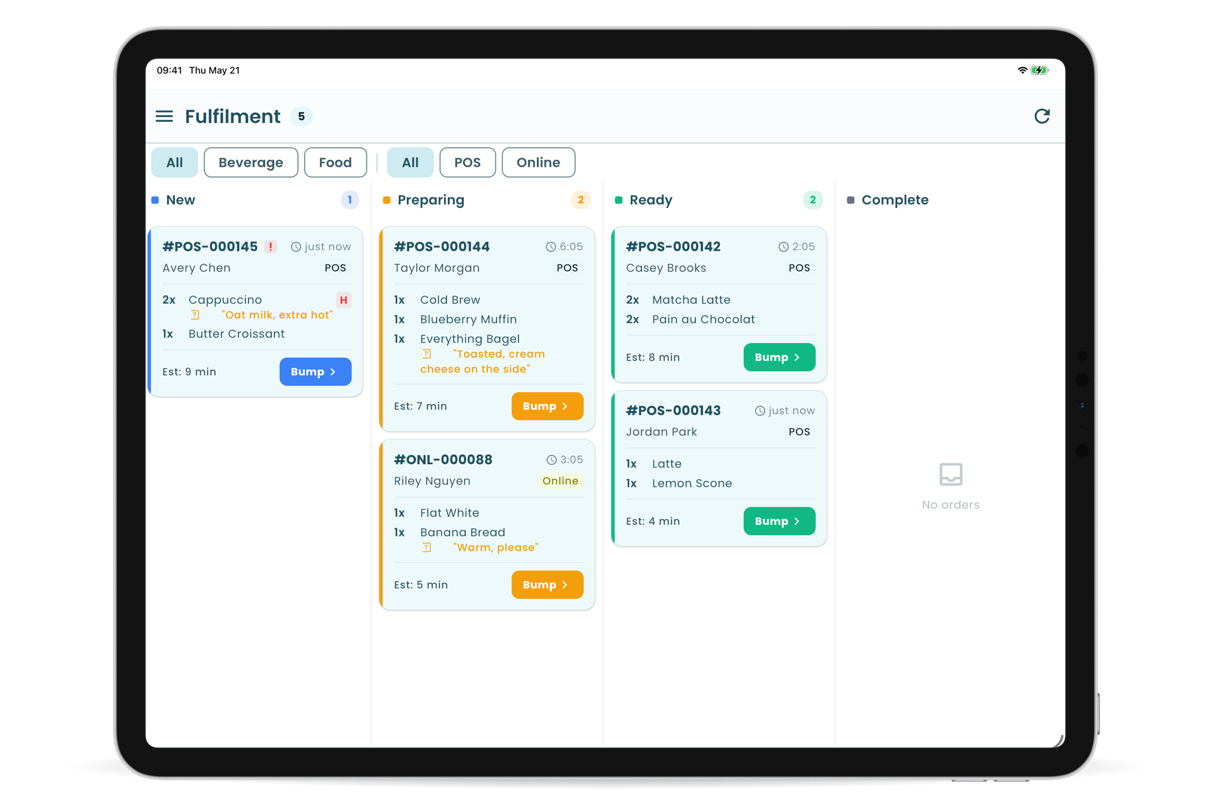 Order fulfilment kanban in the Oliver POS iPad app