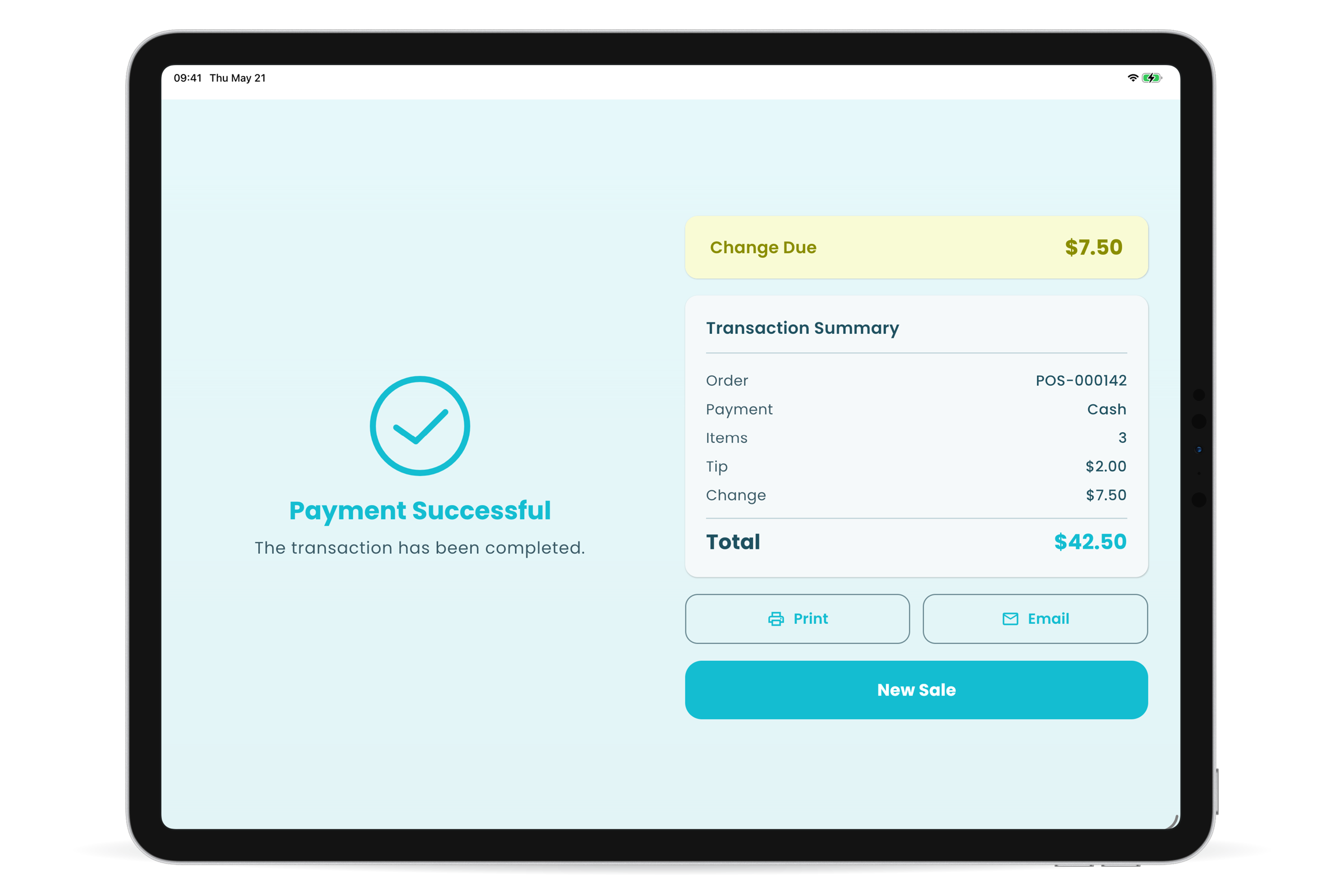 Order completion screen in the Oliver POS iPad app