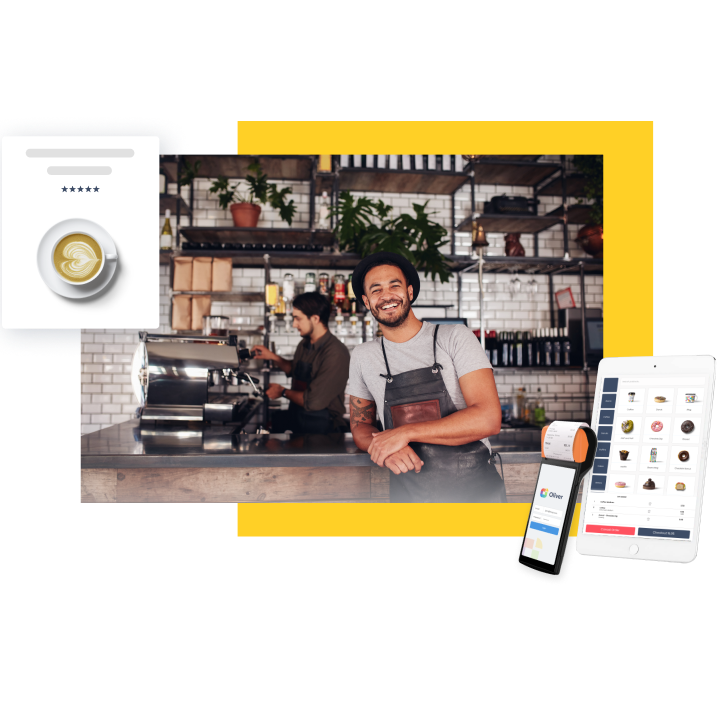 industries coffee shop store owner with POS software on device